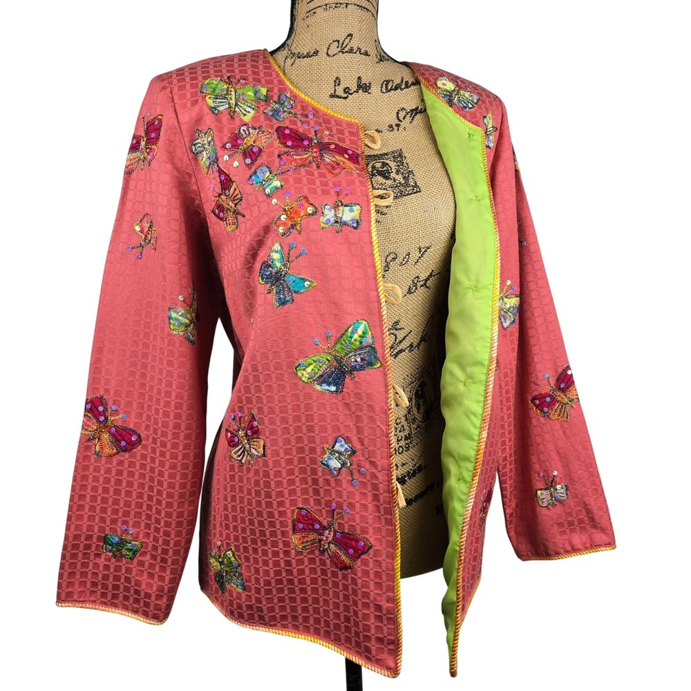 Indigo Moon Beaded‎ Butterfly Embroidered Jacket Coral Textured Kimono Style S